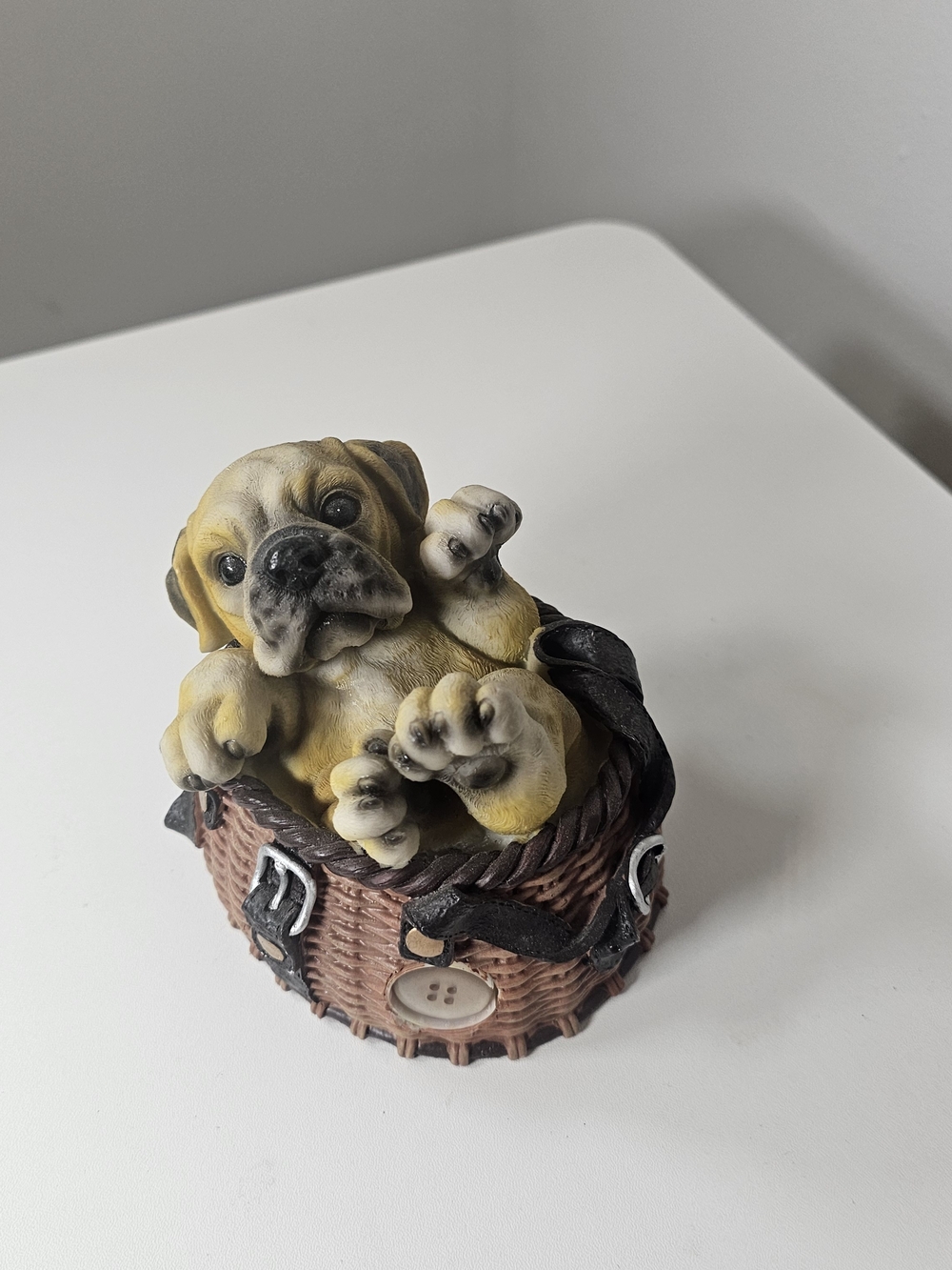 Adorable Yellow Puppy Figurine in Wicker Basket